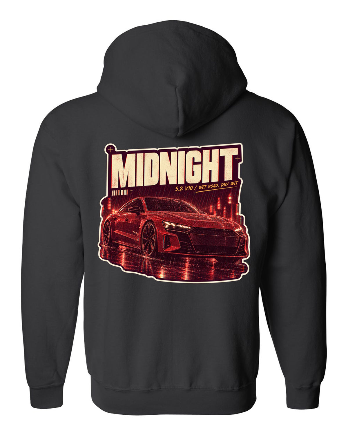 Audi R8 V10 performance on a wet night street print design black zip hoodie back view with the design