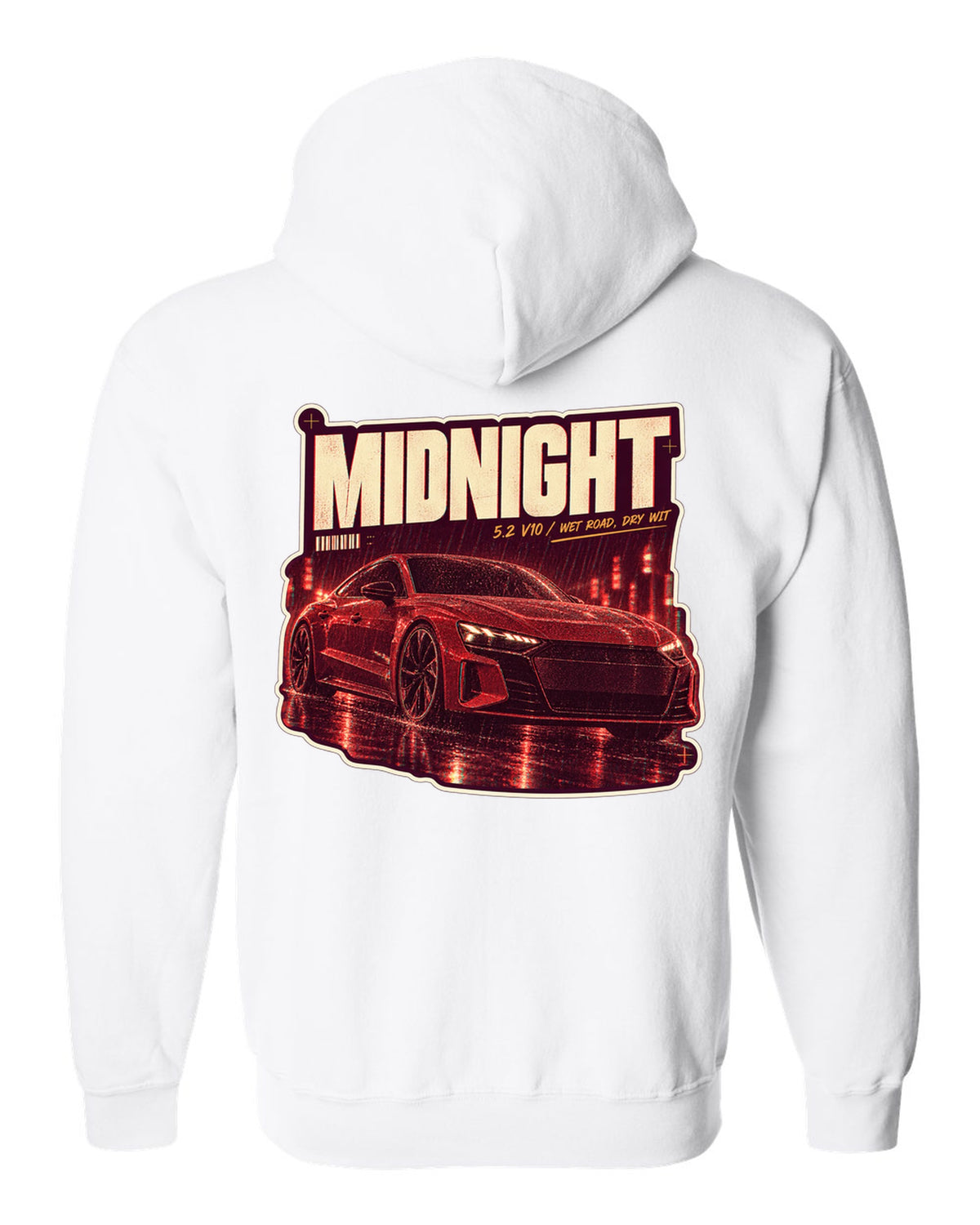 Audi R8 V10 performance on a wet night street print design white zip hoodie back view with the design