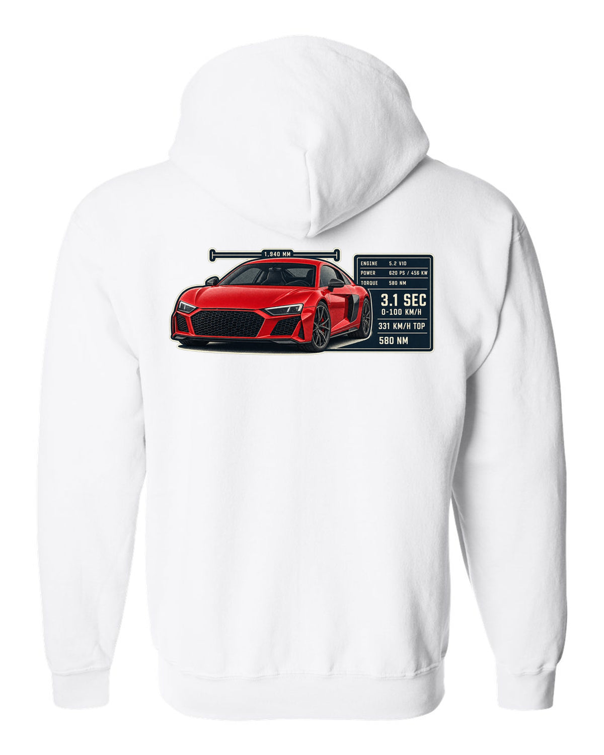 Audi R8 V10 performance coupe spec poster print design white zip hoodie back view with the design