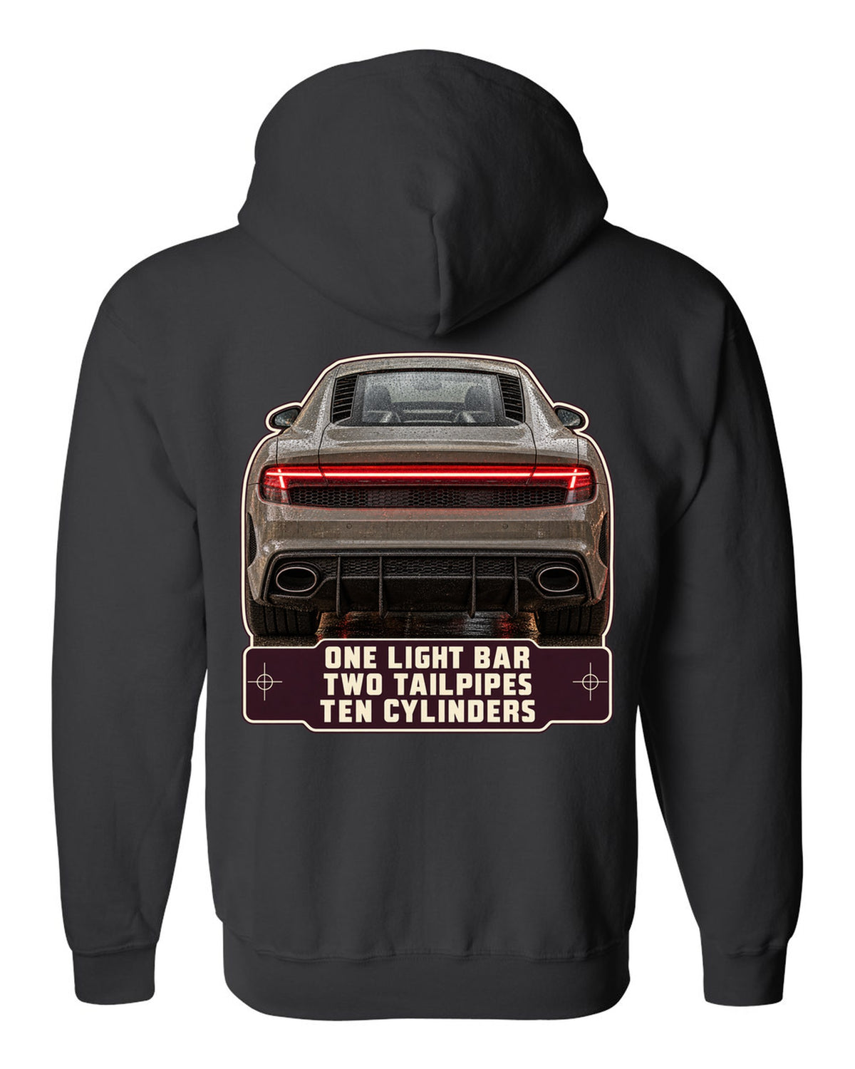 Audi R8 V10 performance rear taillight macro print design black zip hoodie back view with the design