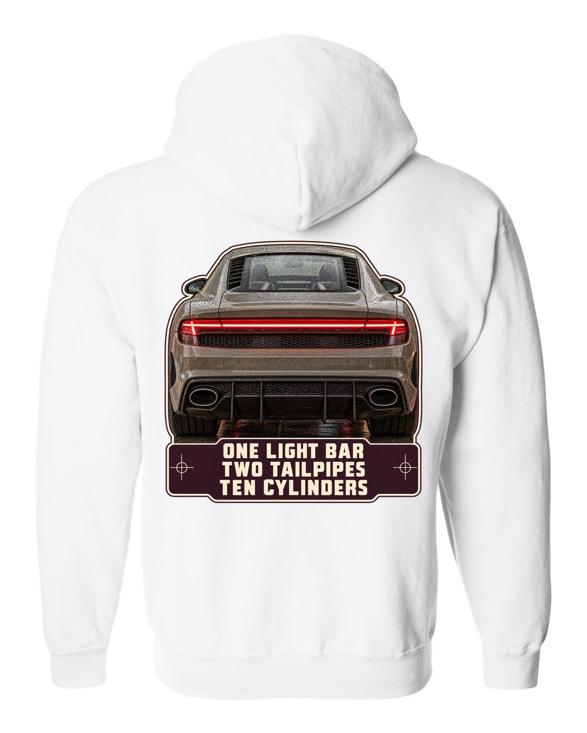 Audi R8 V10 performance rear taillight macro print design white zip hoodie back view with the design