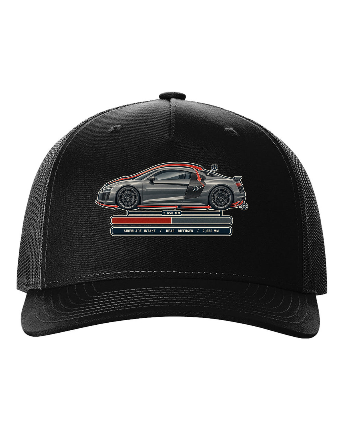 Audi R8 V10 plus Type 4S airflow cutaway with sideblade and diffuser callouts black hat front view with the design