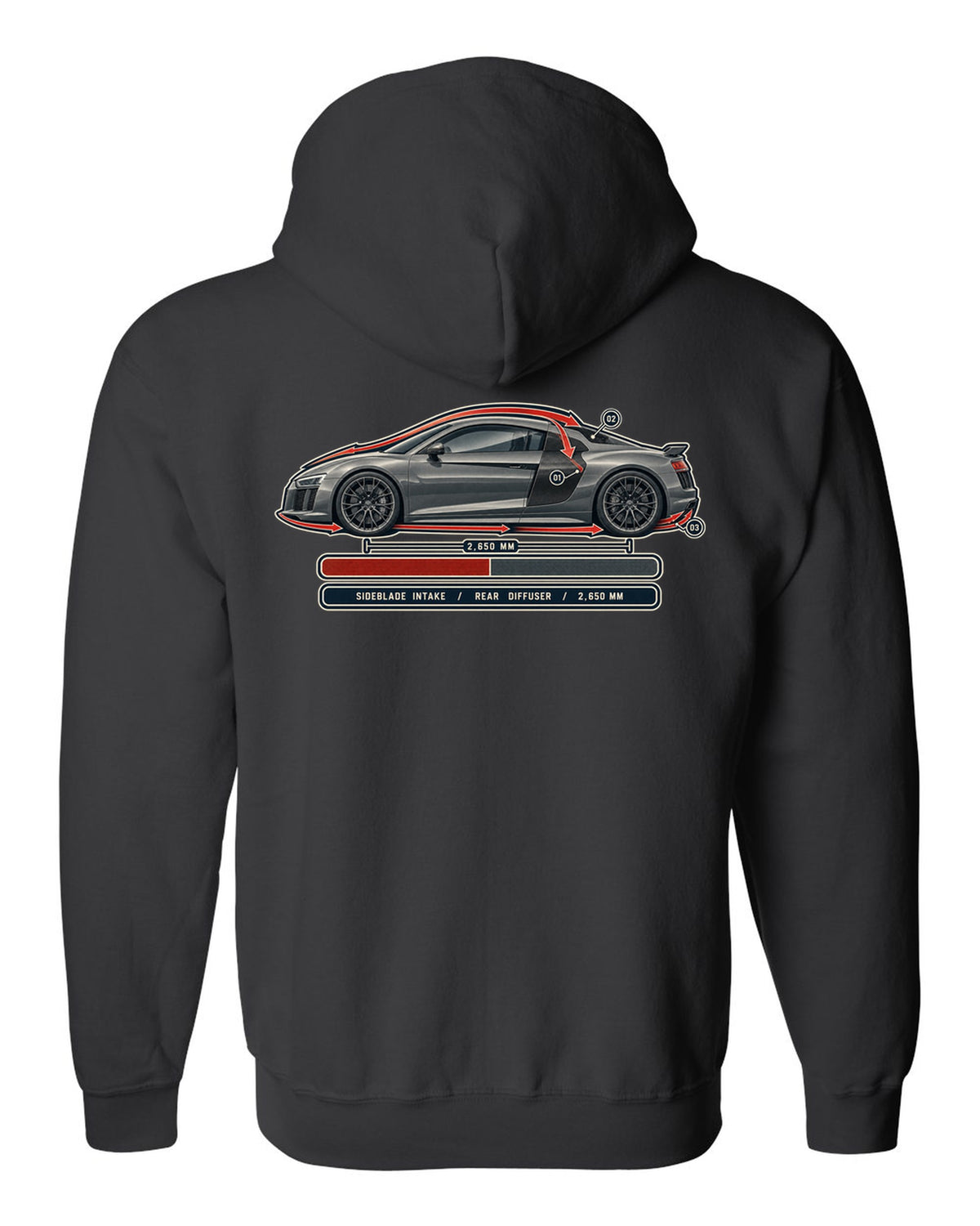 Audi R8 V10 plus Type 4S airflow cutaway with sideblade and diffuser callouts black zip hoodie back view with the design