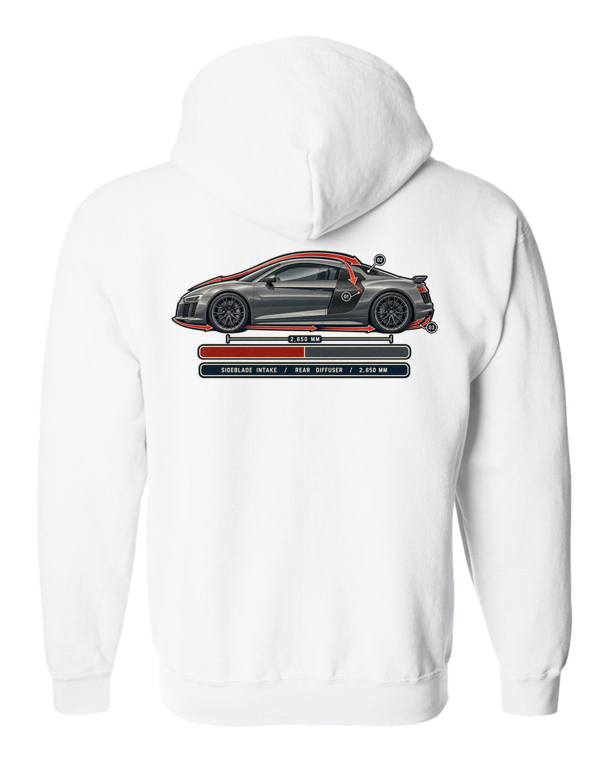 Audi R8 V10 plus Type 4S airflow cutaway with sideblade and diffuser callouts white zip hoodie back view with the design