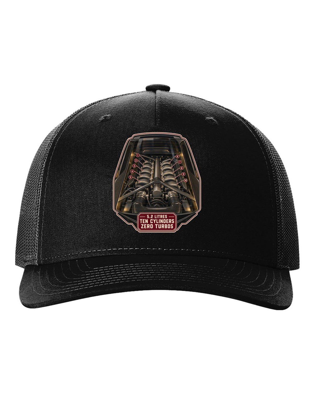 Audi R8 V10 plus Type 4S mid-engine bay hero print design black hat front view with the design