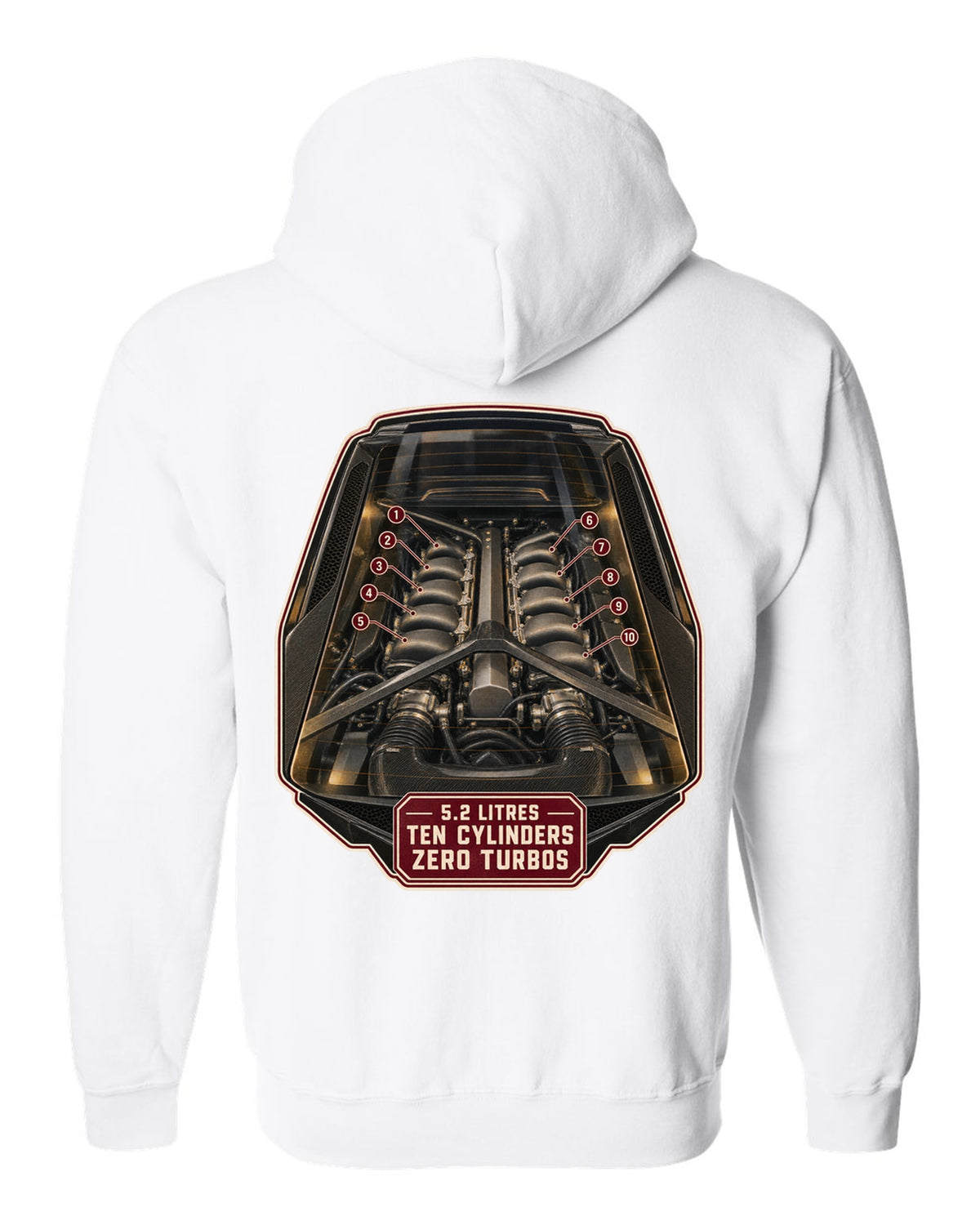 Audi R8 V10 plus Type 4S mid-engine bay hero print design white zip hoodie back view with the design