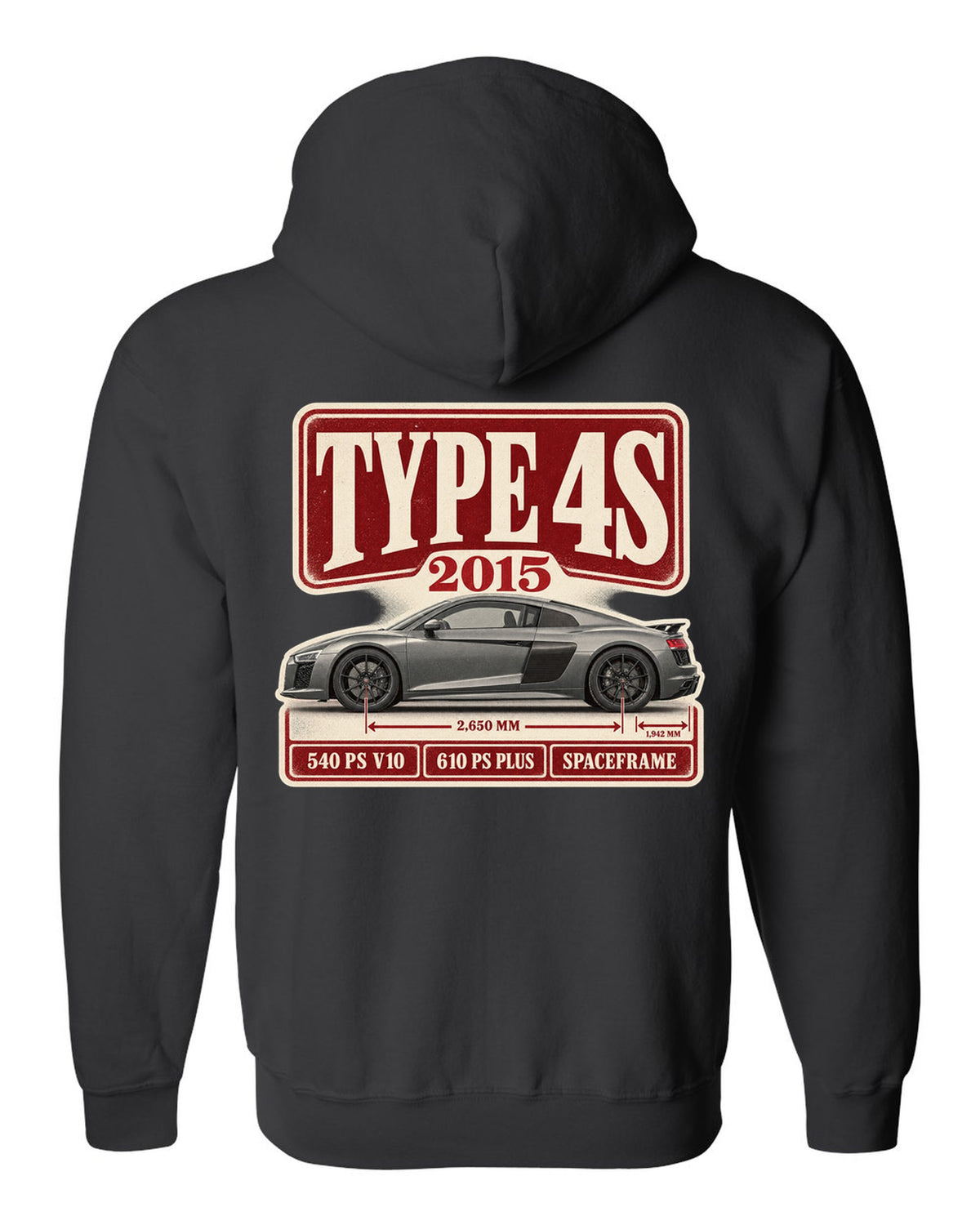 Audi R8 V10 Type 4S 2015 launch archive panel print design black zip hoodie back view with the design