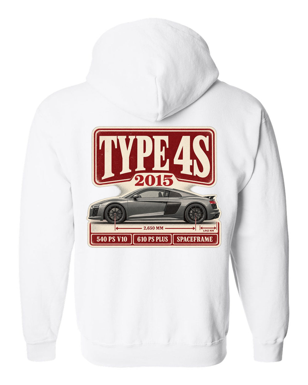 Audi R8 V10 Type 4S 2015 launch archive panel print design white zip hoodie back view with the design