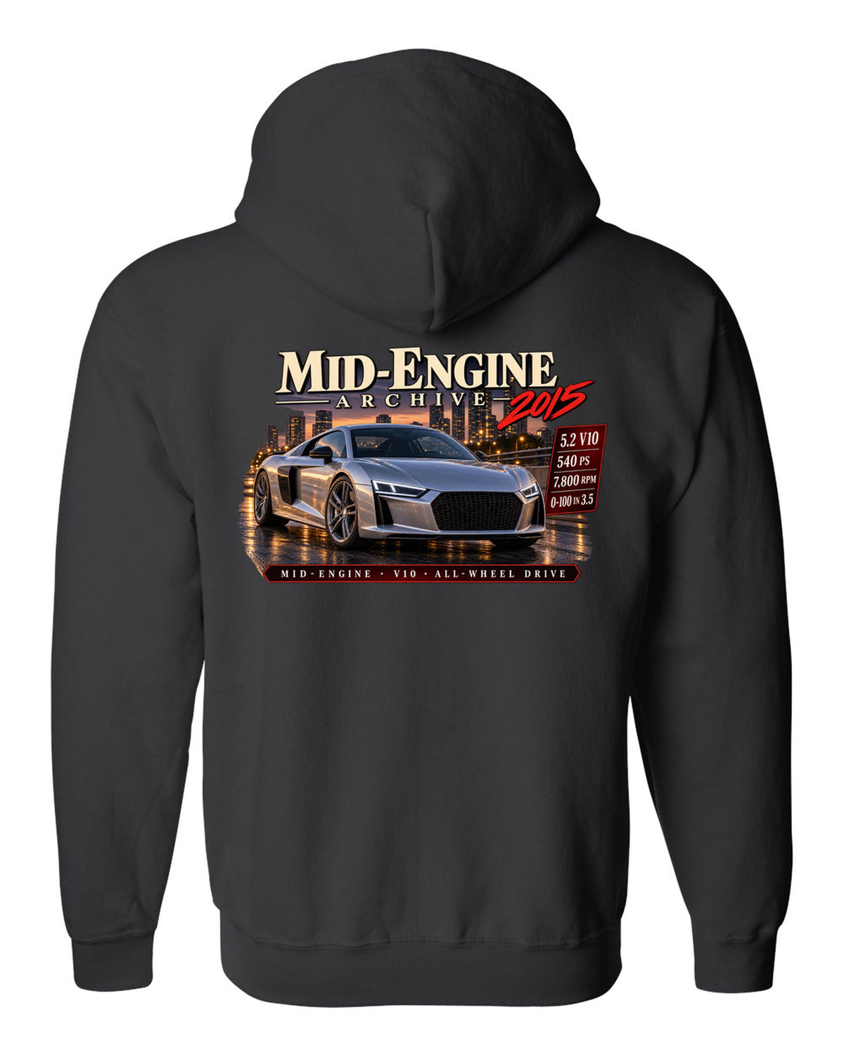 Audi R8 Type 4S V10 front three-quarter in archive panel with 540 PS text black zip hoodie back view with the design