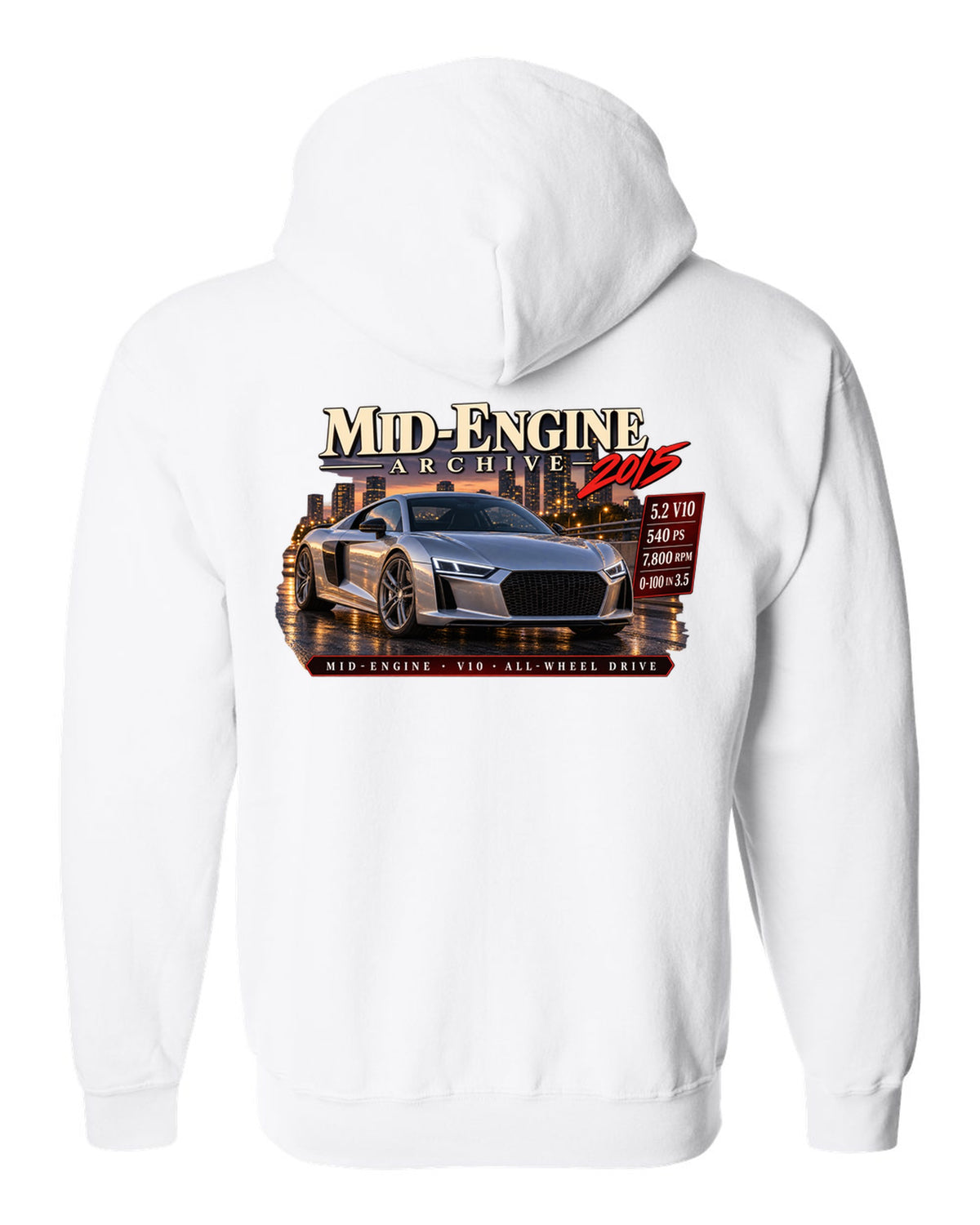Audi R8 Type 4S V10 front three-quarter in archive panel with 540 PS text white zip hoodie back view with the design