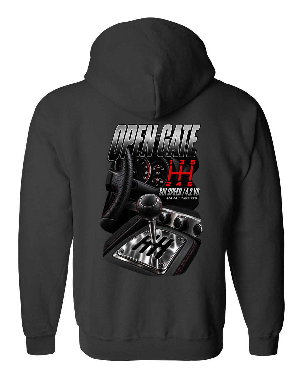 Audi R8 Type 42 V8 open gate six-speed shifter macro design black zip hoodie back view with the design