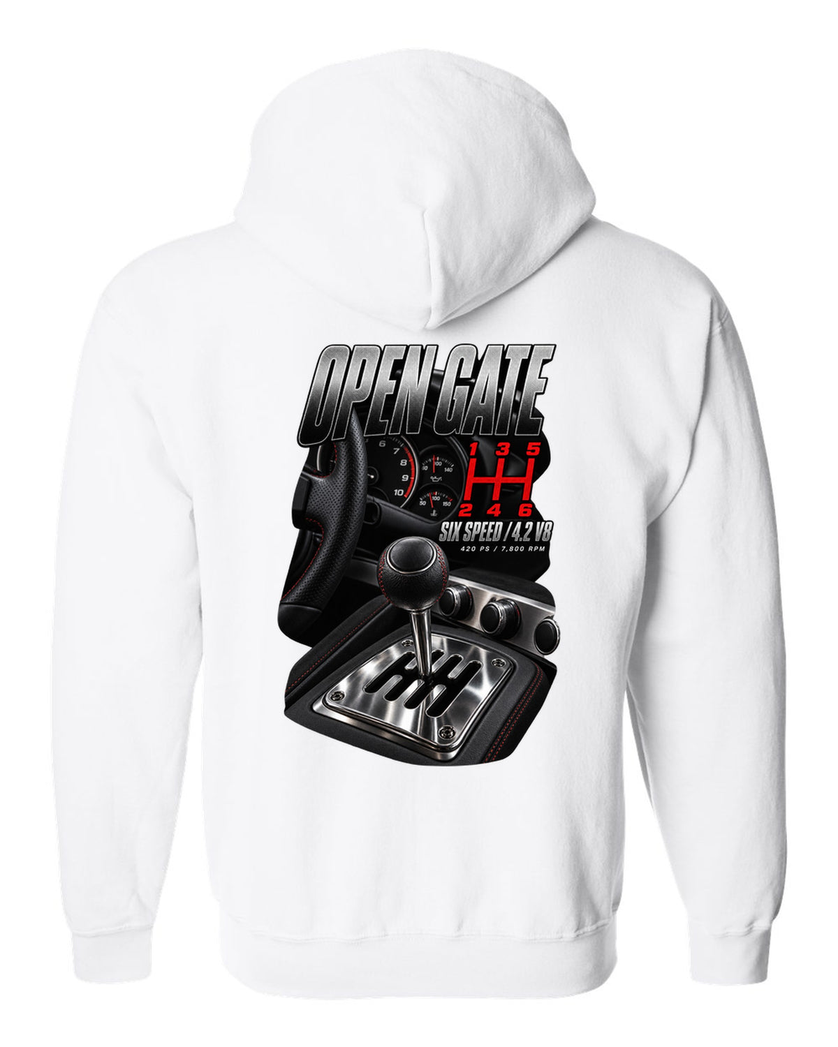 Audi R8 Type 42 V8 open gate six-speed shifter macro design white zip hoodie back view with the design