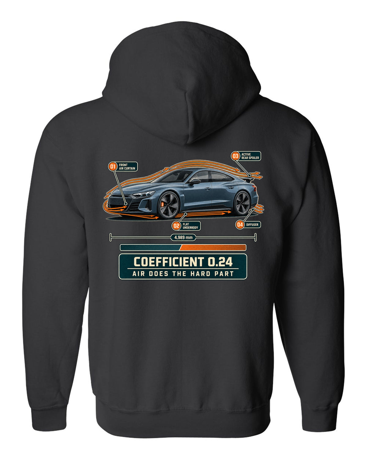 Audi RS e-tron GT aero callouts with airflow diagram print design black zip hoodie back view with the design