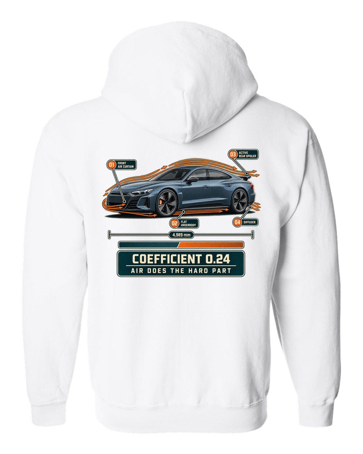 Audi RS e-tron GT aero callouts with airflow diagram print design white zip hoodie back view with the design