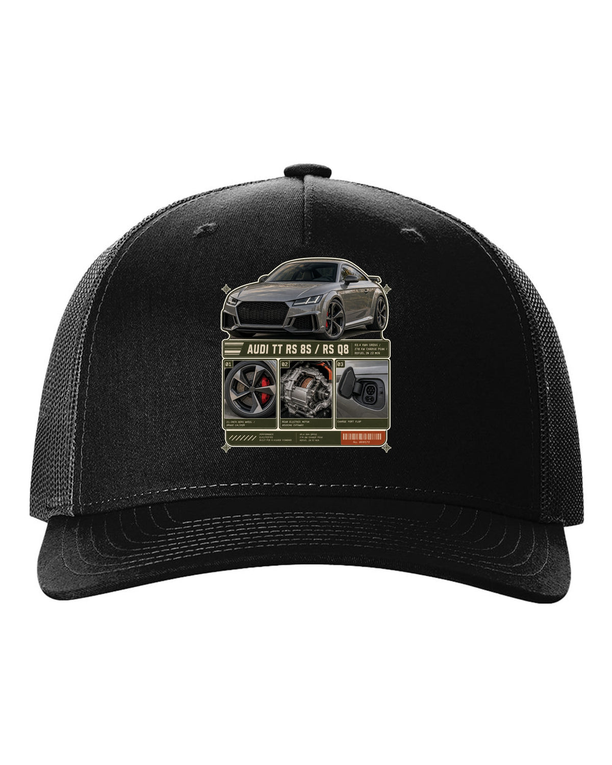 Audi RS e-tron GT dossier panels with wheel, motor and charge port print design black hat front view with the design