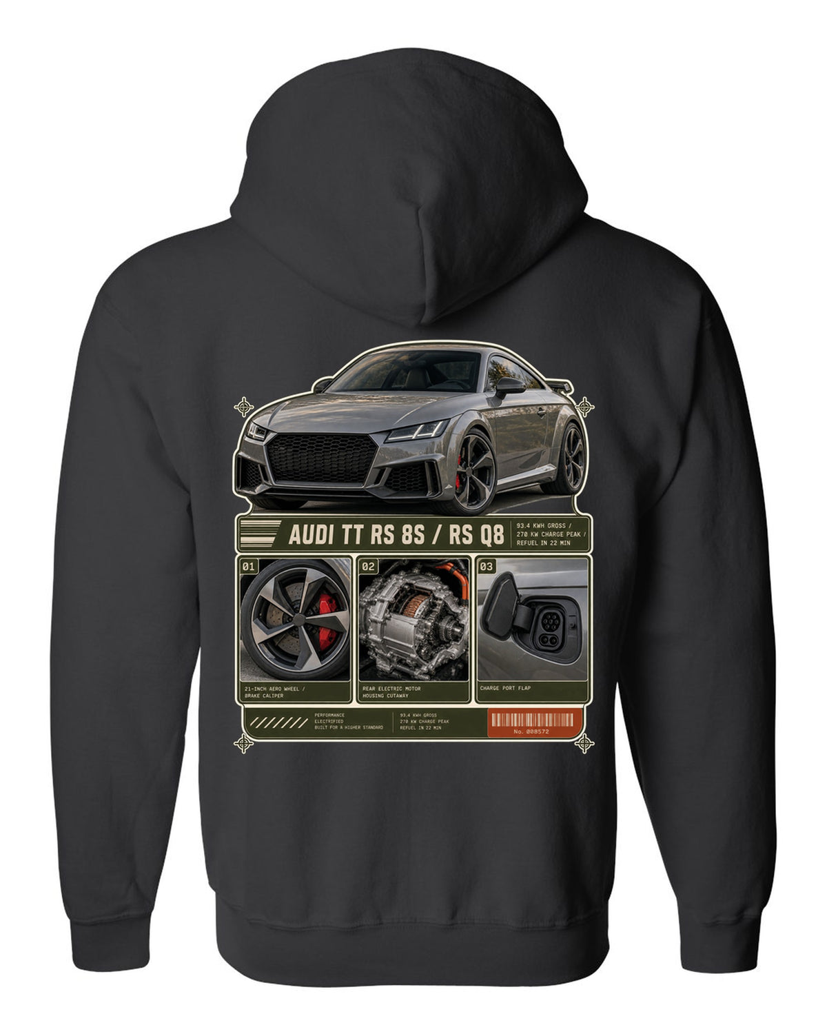 Audi RS e-tron GT dossier panels with wheel, motor and charge port print design black zip hoodie back view with the design