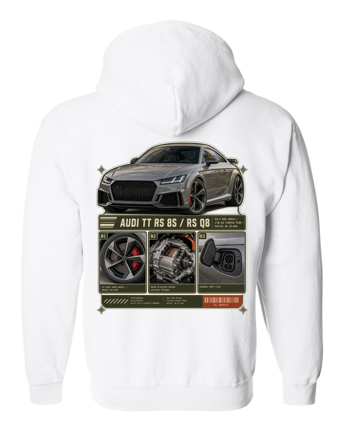 Audi RS e-tron GT dossier panels with wheel, motor and charge port print design white zip hoodie back view with the design