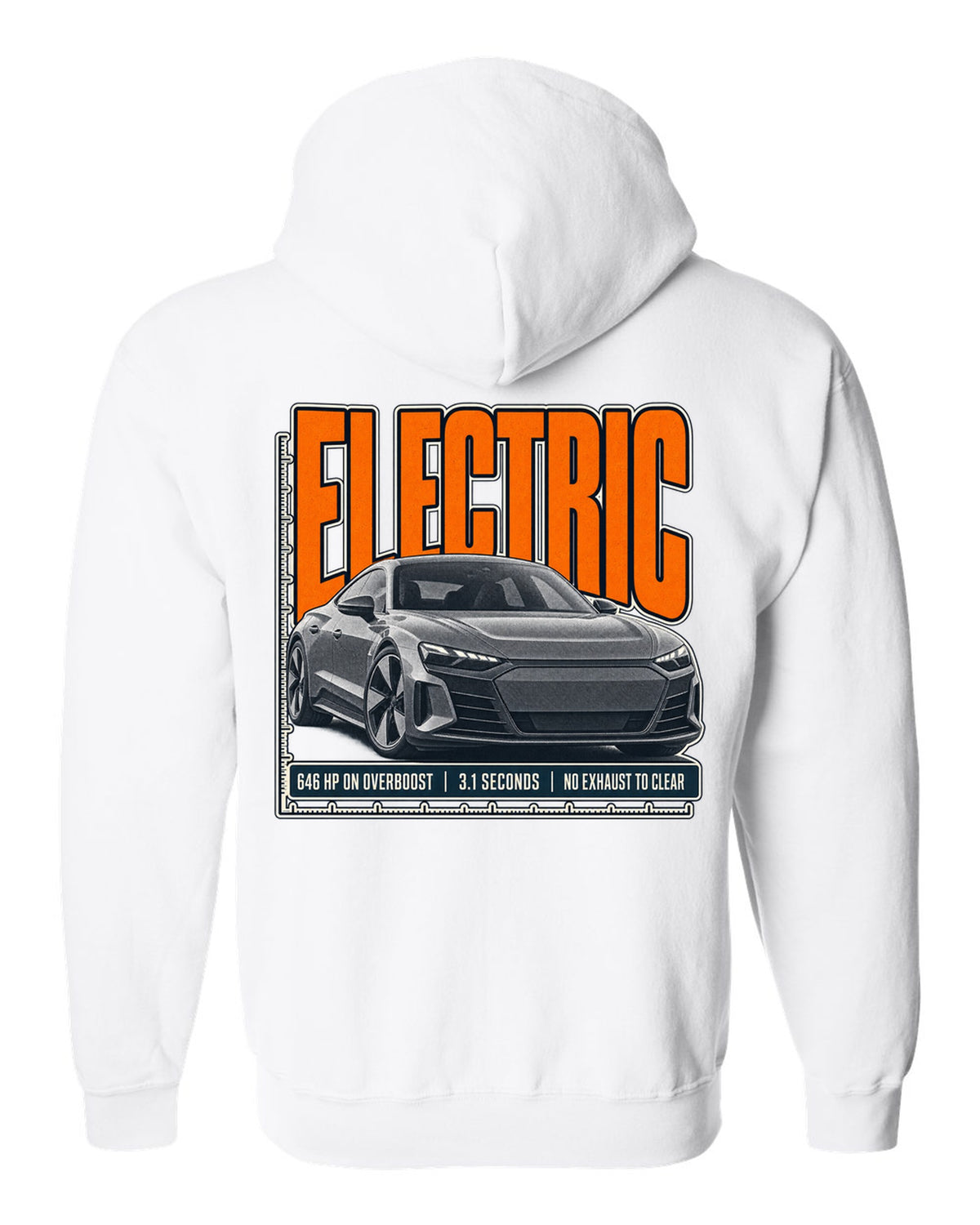 Audi RS e-tron GT low front three-quarter halftone statement print design white zip hoodie back view with the design