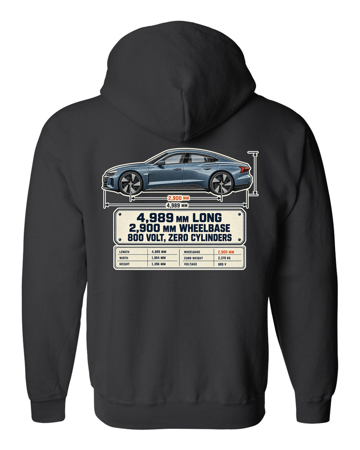 Audi RS e-tron GT J1 dimension blueprint print design black zip hoodie back view with the design