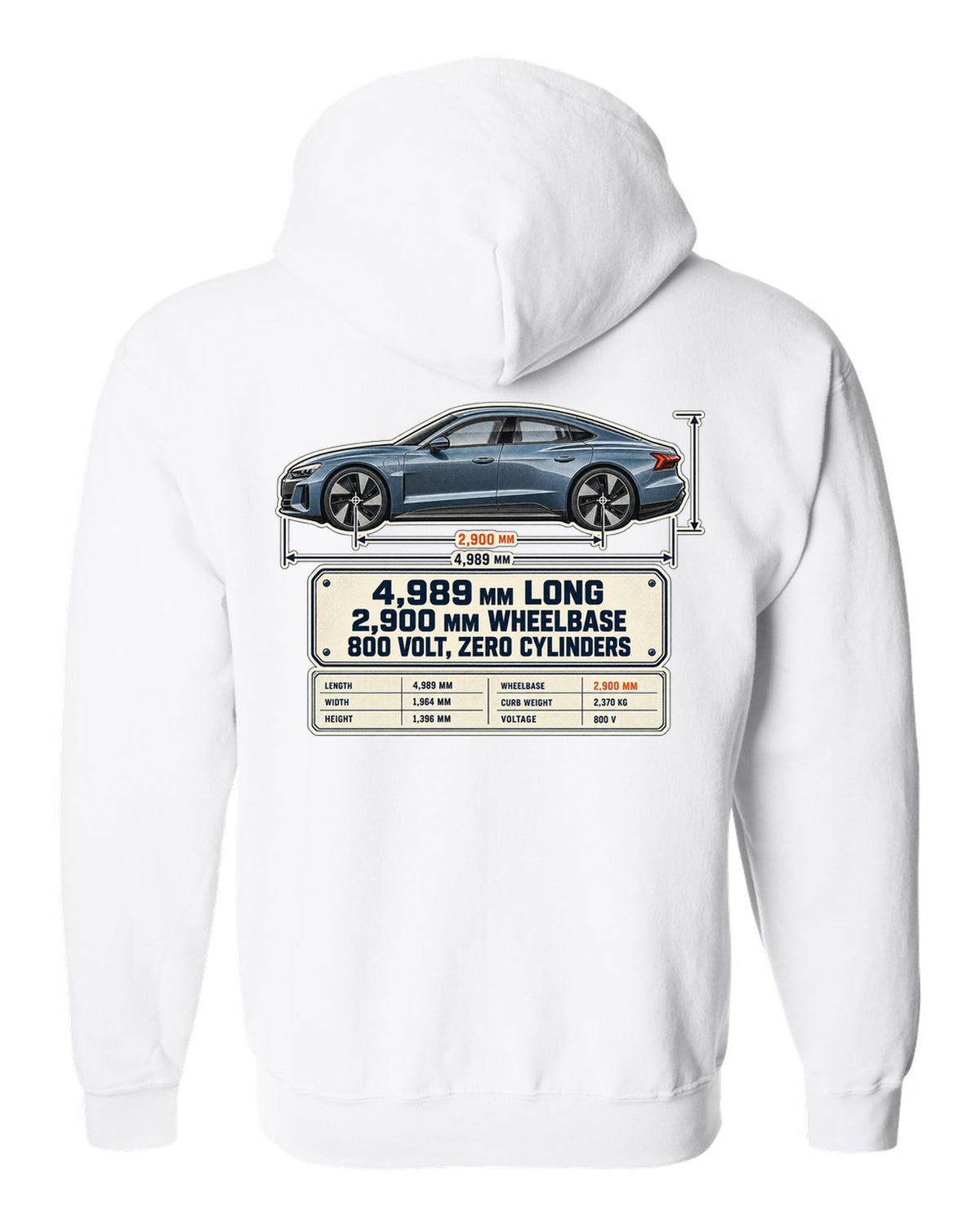 Audi RS e-tron GT J1 dimension blueprint print design white zip hoodie back view with the design