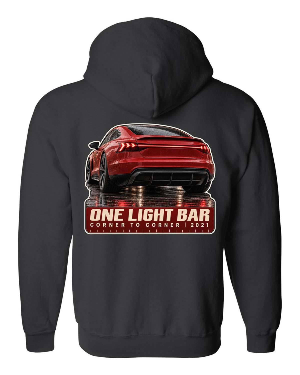 Audi RS e-tron GT rear light bar macro print design black zip hoodie back view with the design