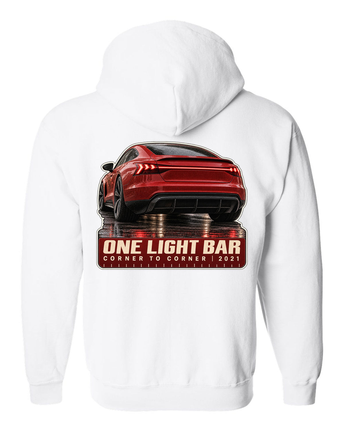 Audi RS e-tron GT rear light bar macro print design white zip hoodie back view with the design