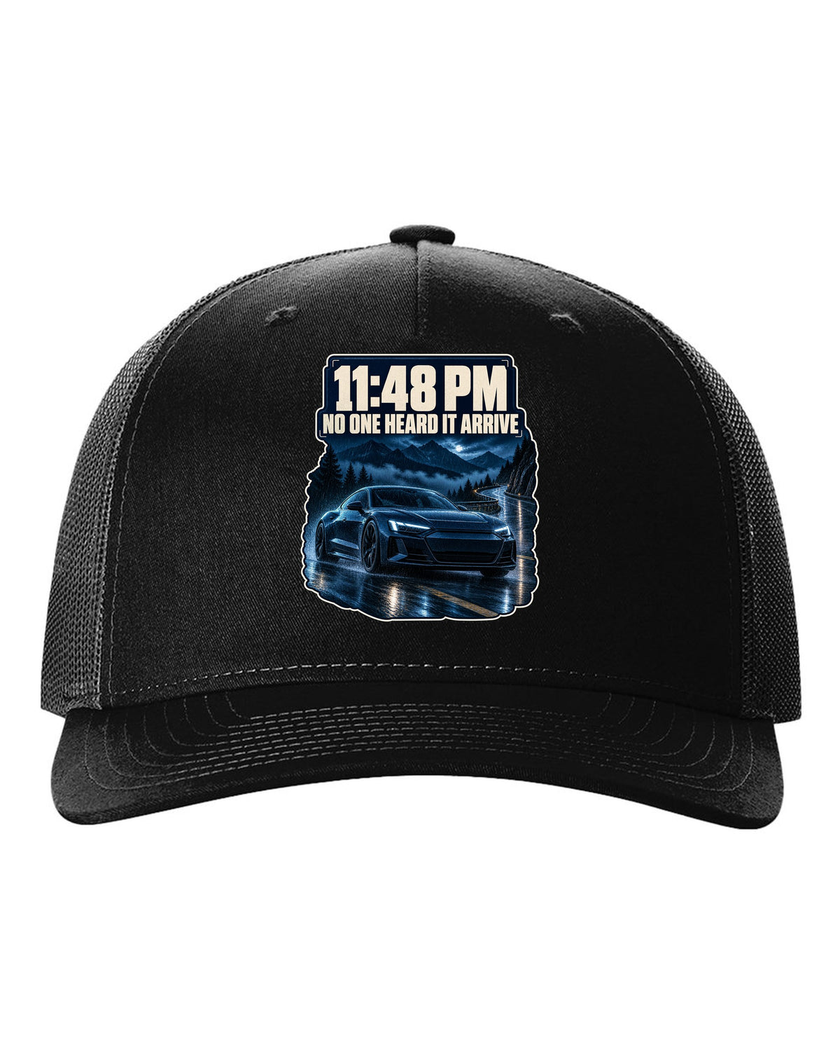 Audi RS e-tron GT on a wet night street blue monochrome print design black hat front view with the design