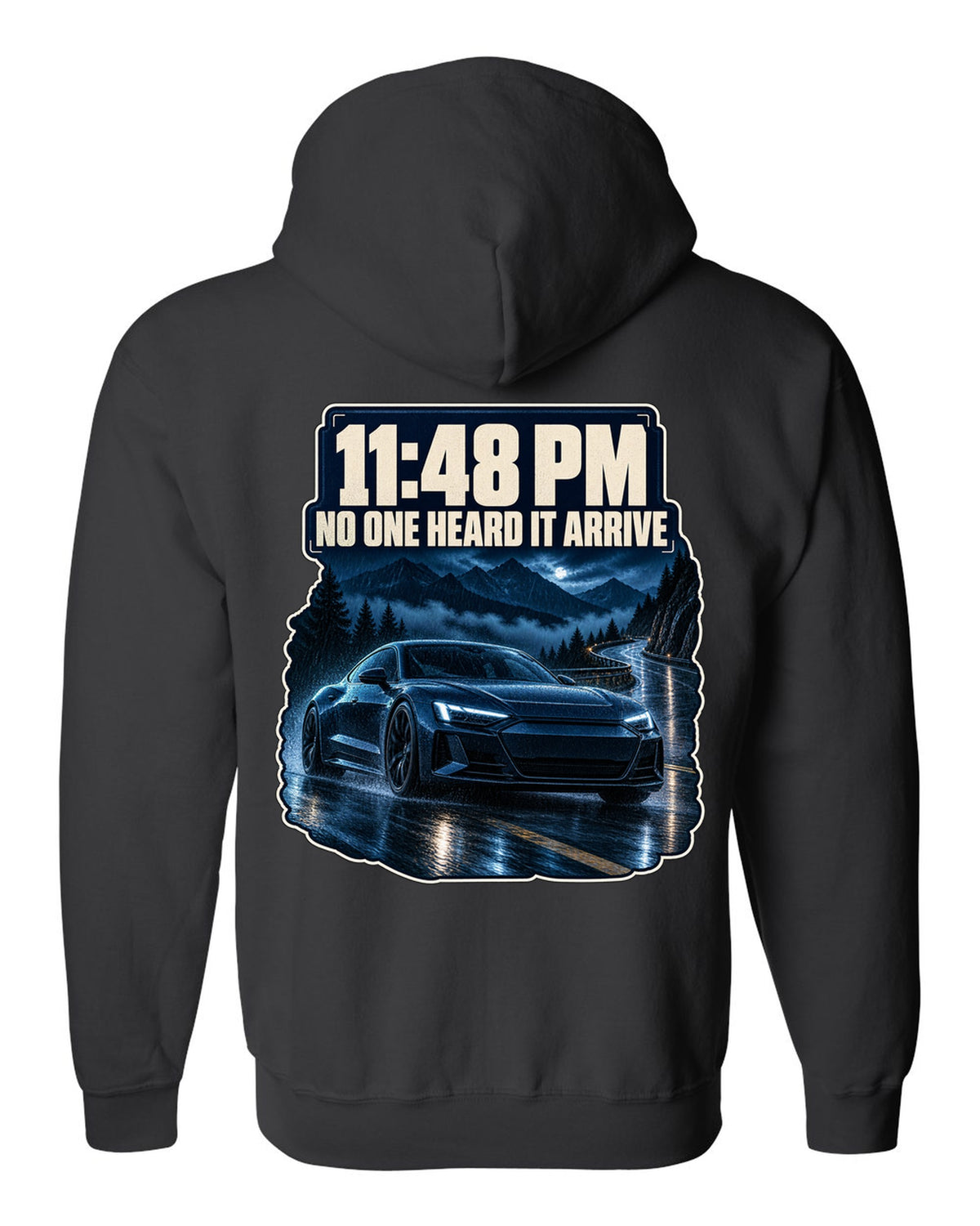 Audi RS e-tron GT on a wet night street blue monochrome print design black zip hoodie back view with the design