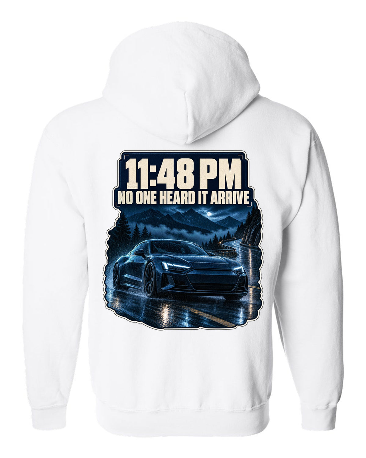 Audi RS e-tron GT on a wet night street blue monochrome print design white zip hoodie back view with the design