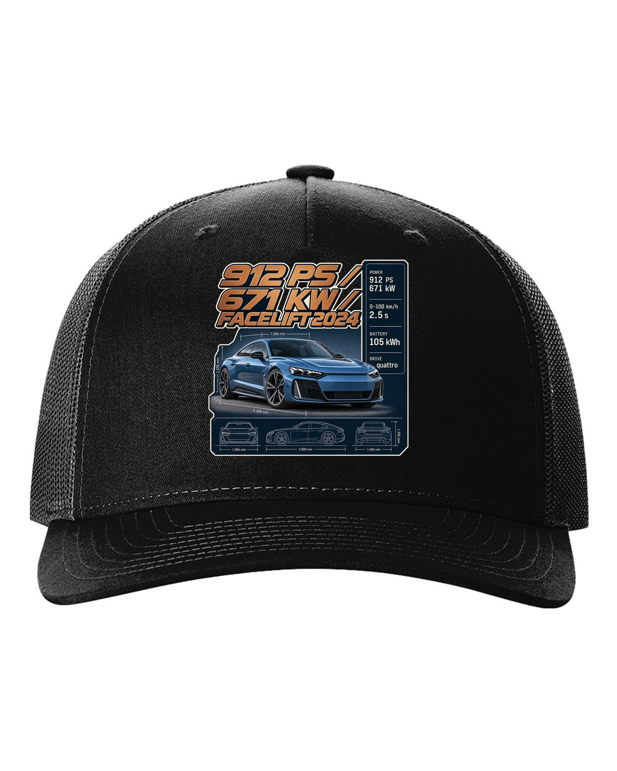 Audi RS e-tron GT performance facelift spec poster print design black hat front view with the design