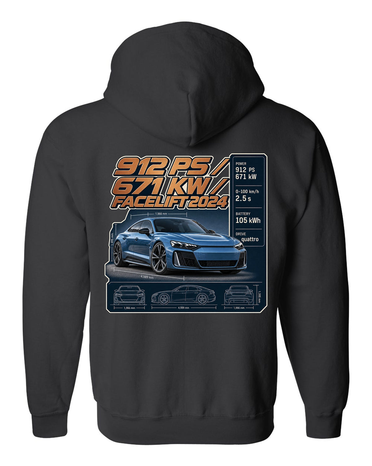 Audi RS e-tron GT performance facelift spec poster print design black zip hoodie back view with the design