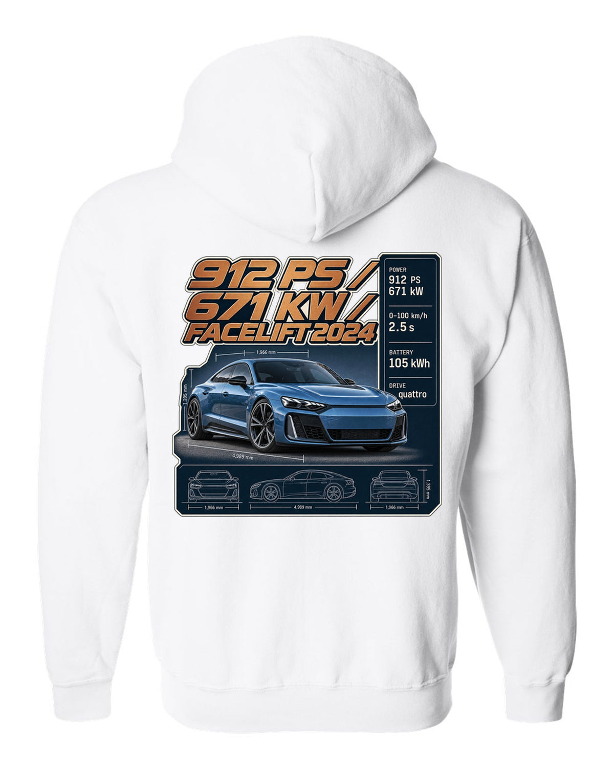 Audi RS e-tron GT performance facelift spec poster print design white zip hoodie back view with the design