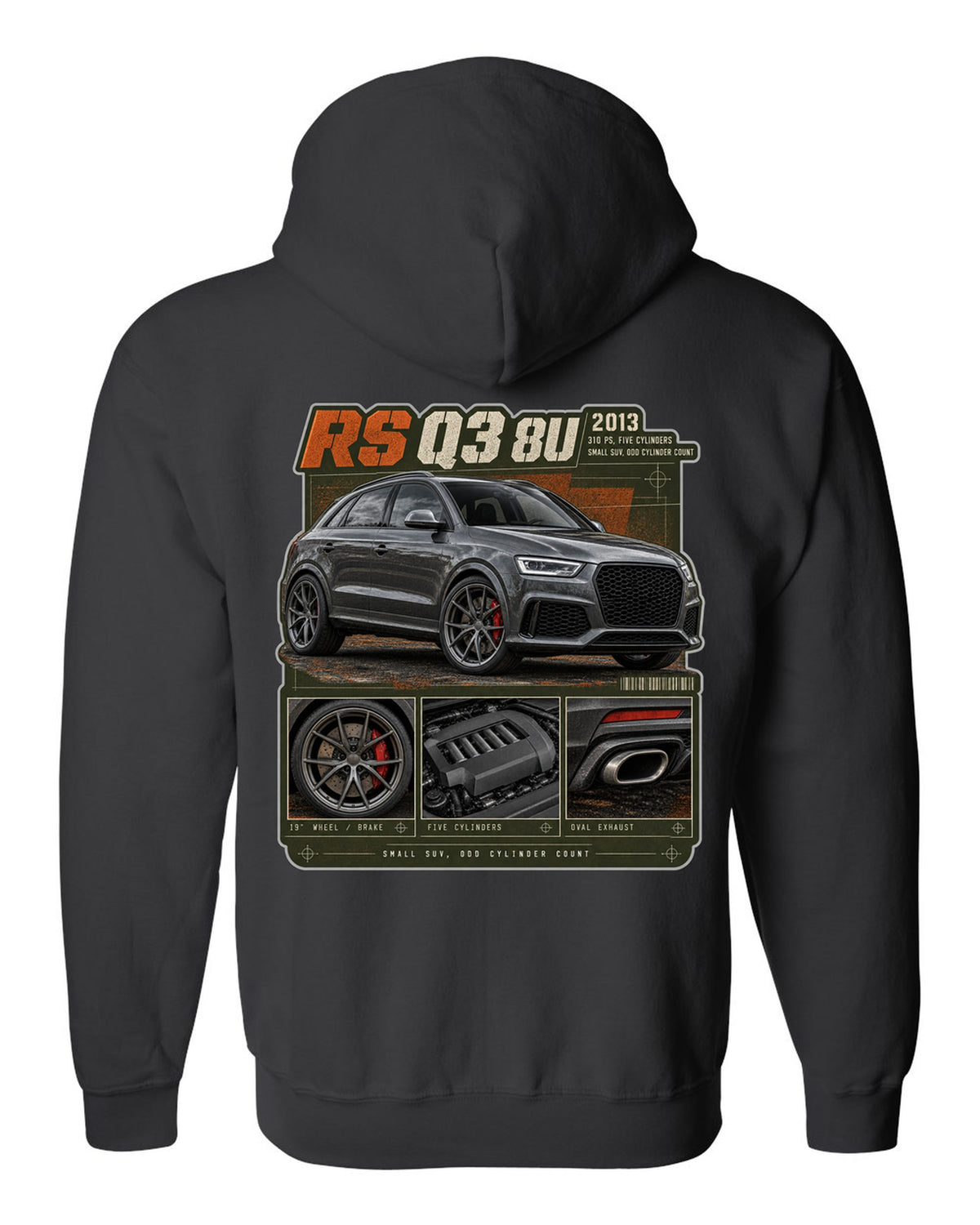 Audi RS Q3 8U dossier panels print with 310 PS five-cylinder text black zip hoodie back view with the design