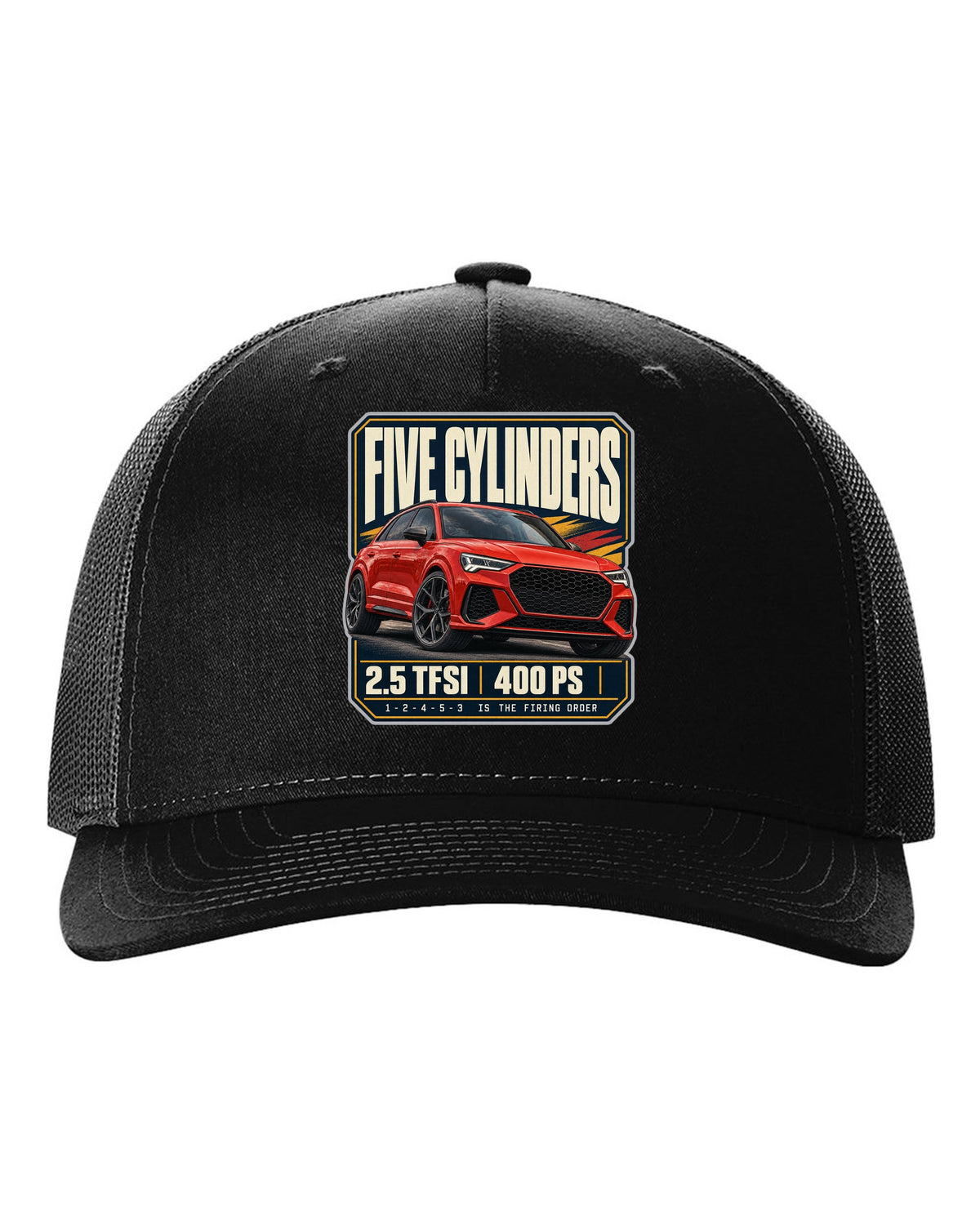 Audi RS Q3 F3 editorial headline print with five-cylinder text black hat front view with the design