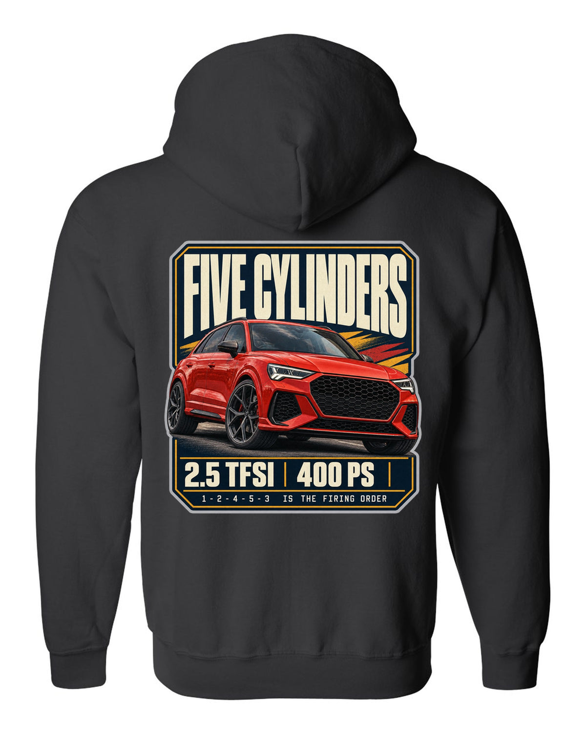 Audi RS Q3 F3 editorial headline print with five-cylinder text black zip hoodie back view with the design