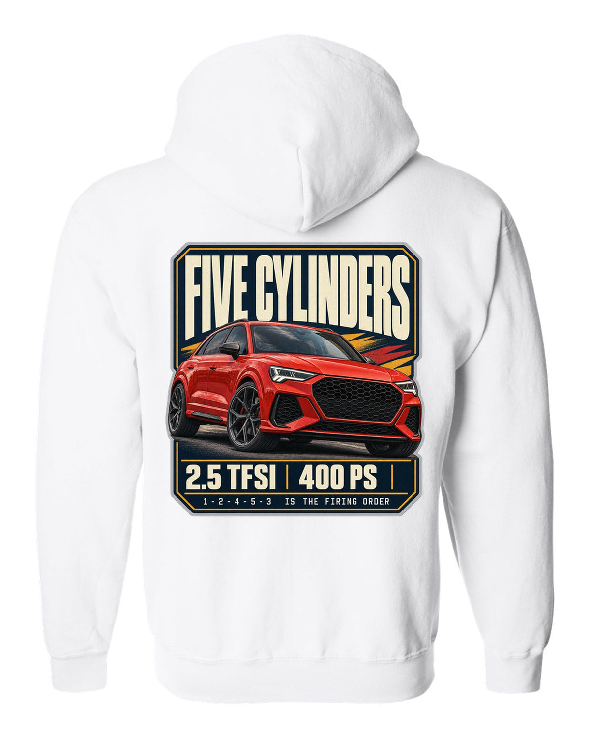 Audi RS Q3 F3 editorial headline print with five-cylinder text white zip hoodie back view with the design