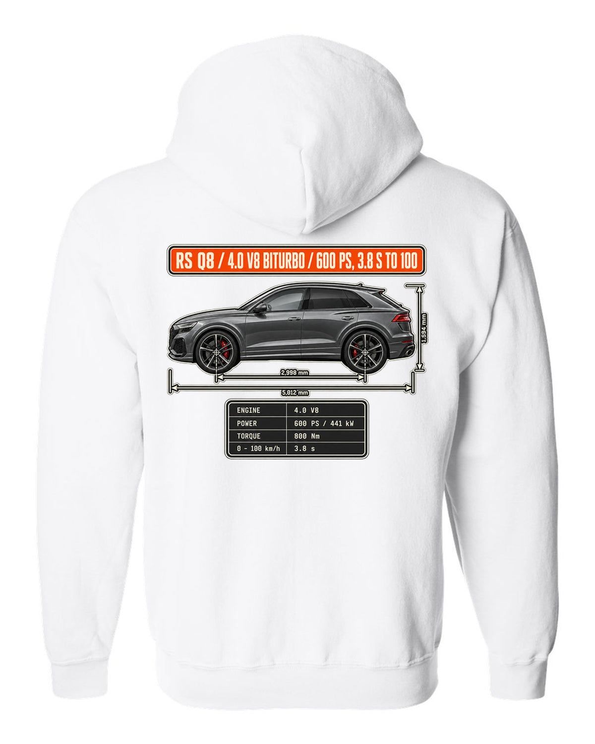 Audi RS Q8 dimension blueprint print with V8 biturbo specs white zip hoodie back view with the design
