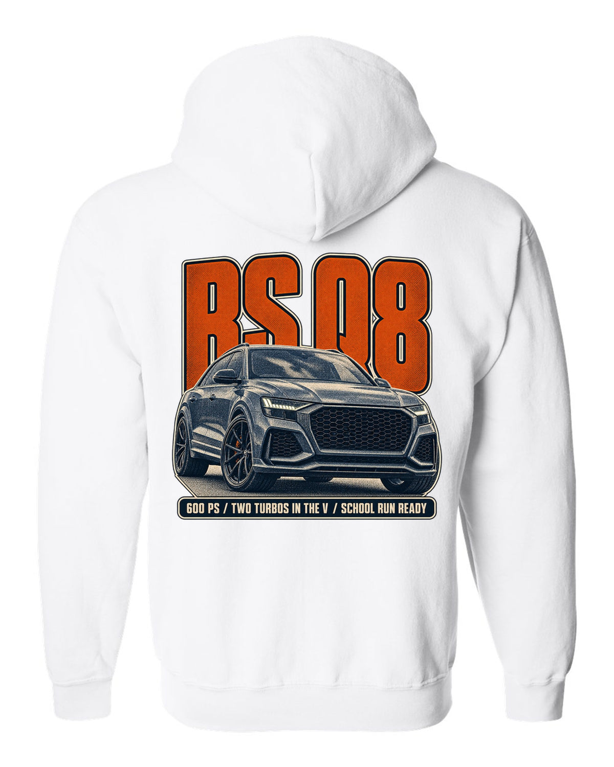 Audi RS Q8 halftone statement print with 600 PS text white zip hoodie back view with the design