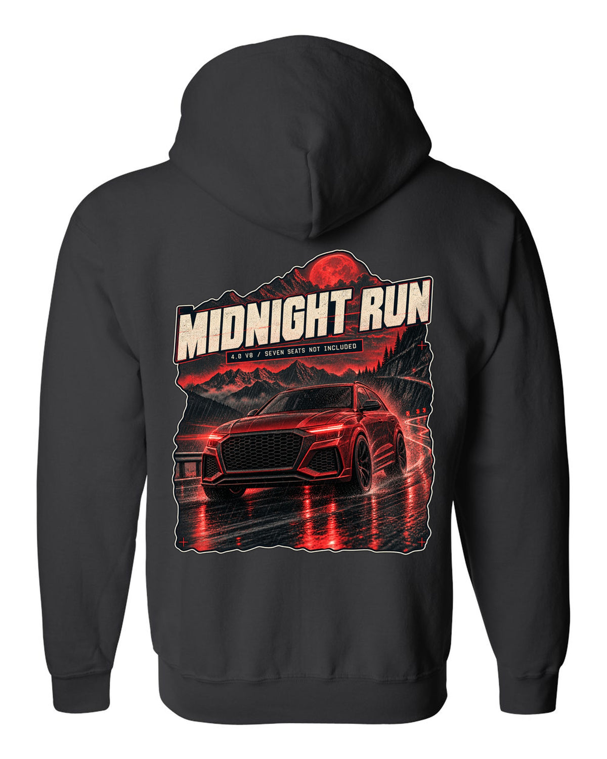 Audi RS Q8 night street scene print with midnight run text black zip hoodie back view with the design