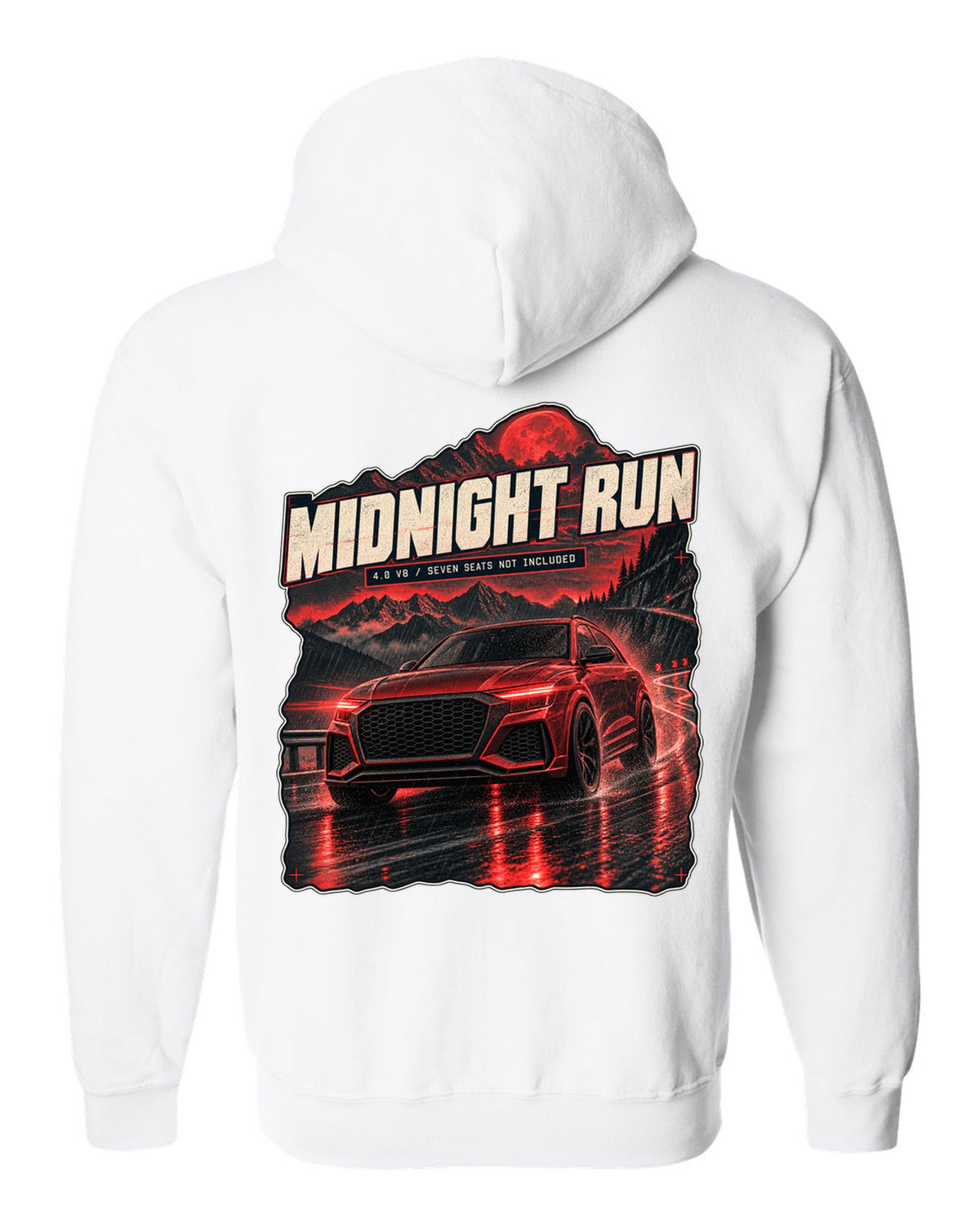 Audi RS Q8 night street scene print with midnight run text white zip hoodie back view with the design