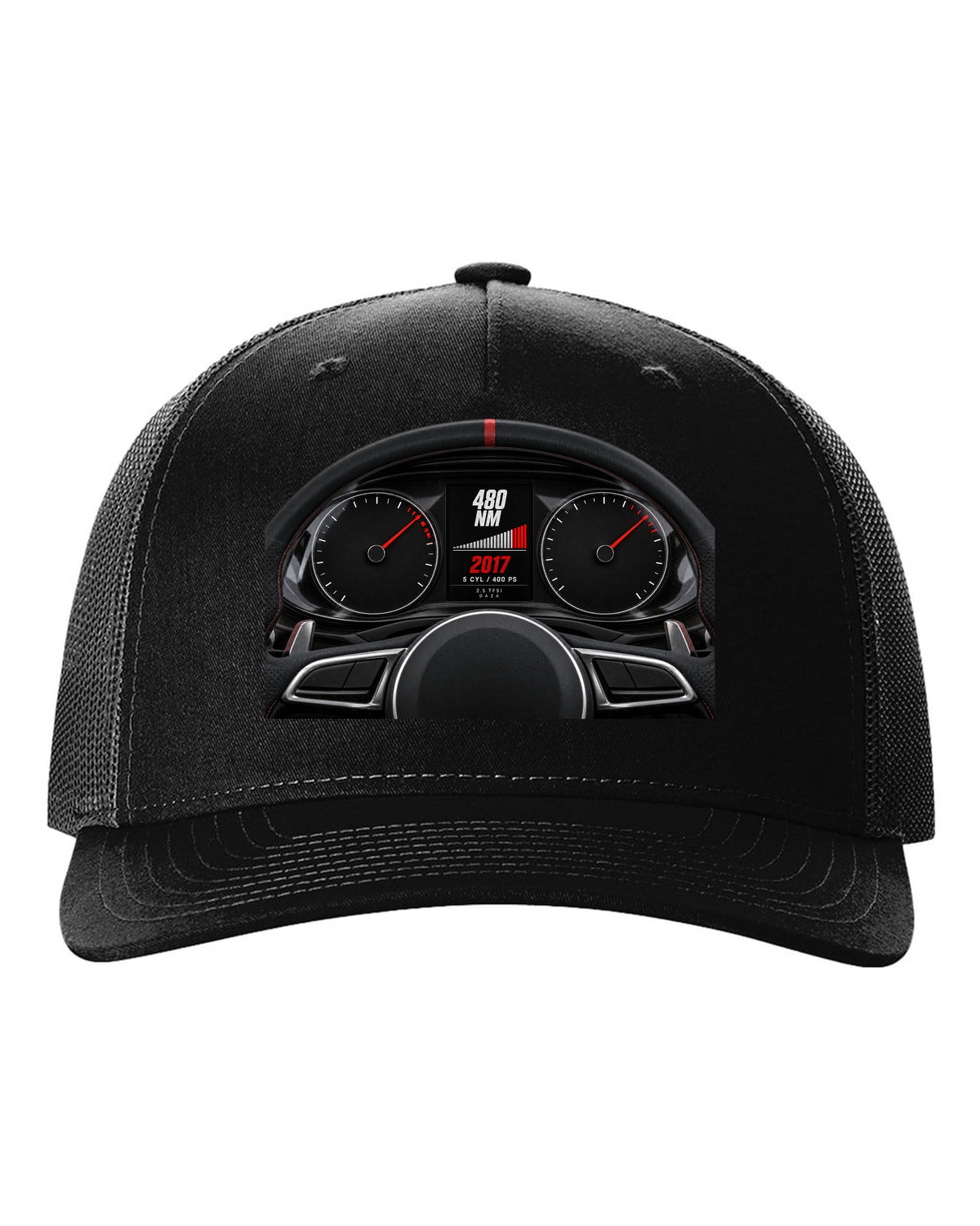 Audi RS3 8V instrument cluster gauge design with 5 cyl 400 PS text black hat front view with the design