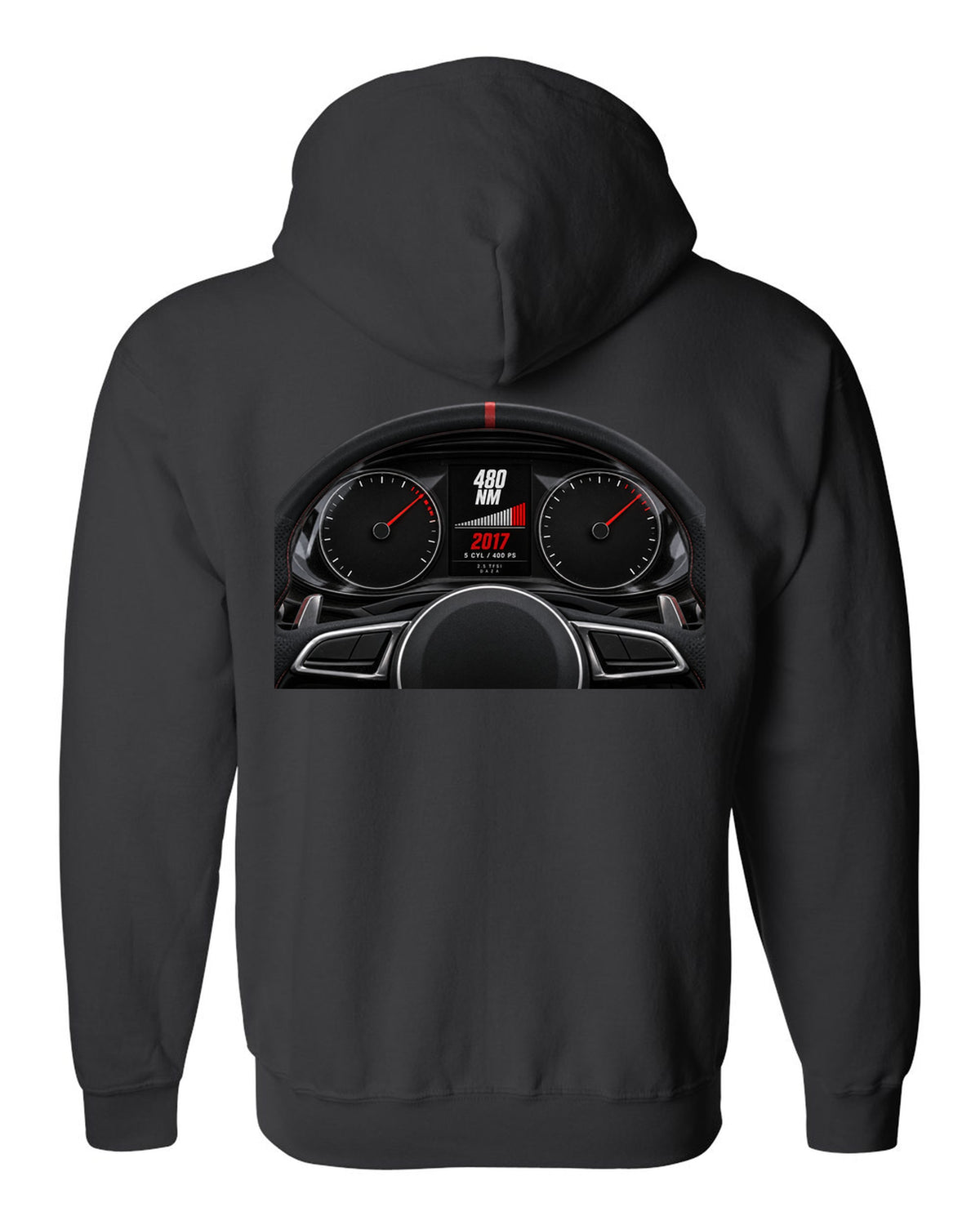 Audi RS3 8V instrument cluster gauge design with 5 cyl 400 PS text black zip hoodie back view with the design