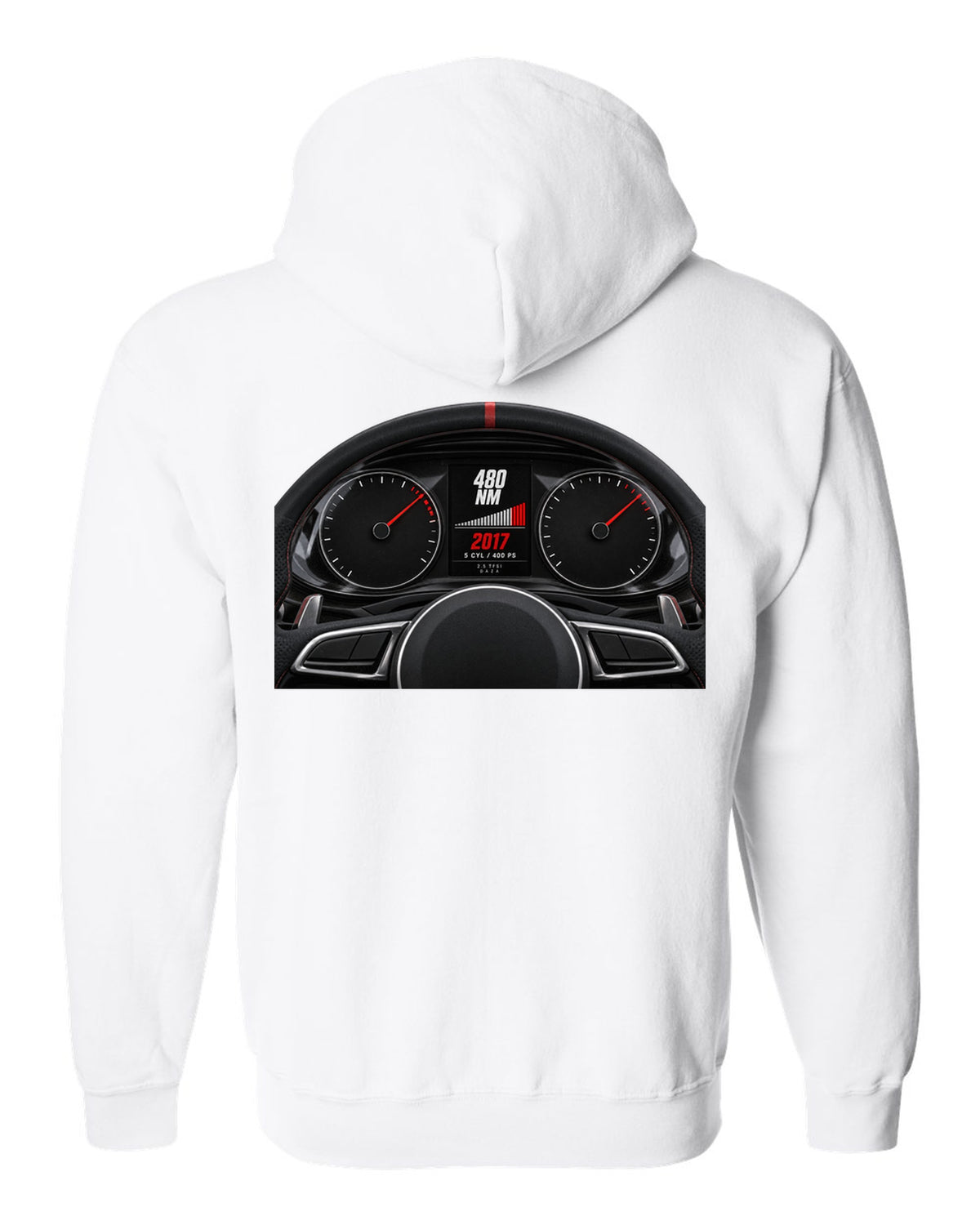 Audi RS3 8V instrument cluster gauge design with 5 cyl 400 PS text white zip hoodie back view with the design