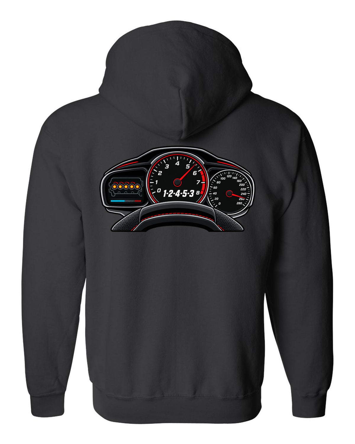Flat gauge cluster print for the Audi RS3 8V showing the 1-2-4-5-3 firing order black zip hoodie back view with the design