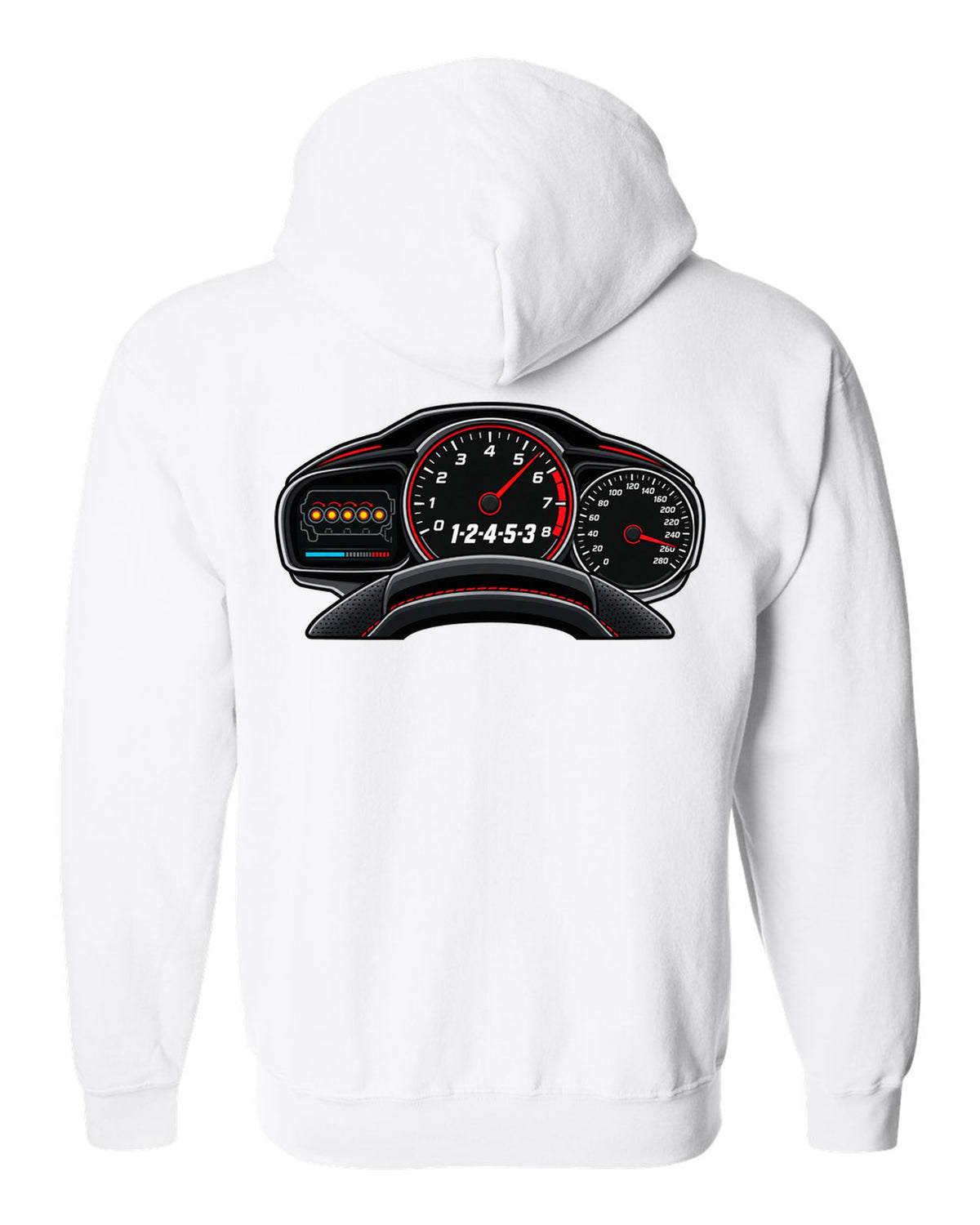 Flat gauge cluster print for the Audi RS3 8V showing the 1-2-4-5-3 firing order white zip hoodie back view with the design