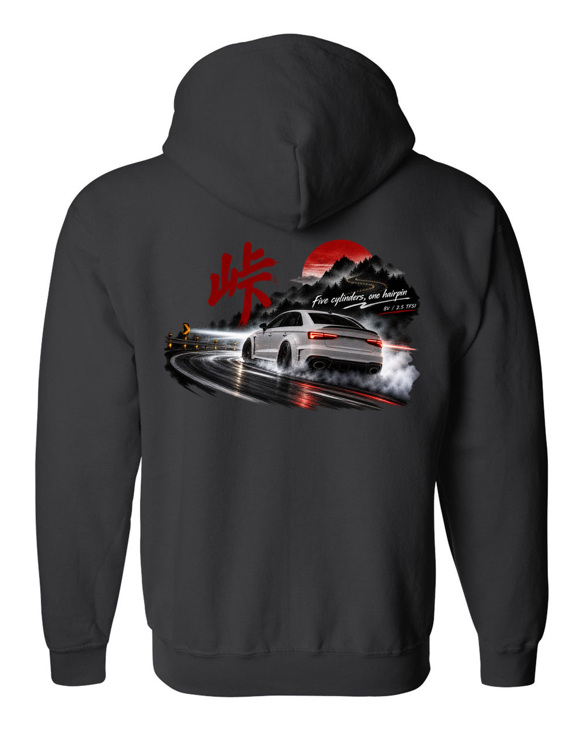 Audi RS3 8V sedan rear three-quarter sliding at night with touge kanji black zip hoodie back view with the design