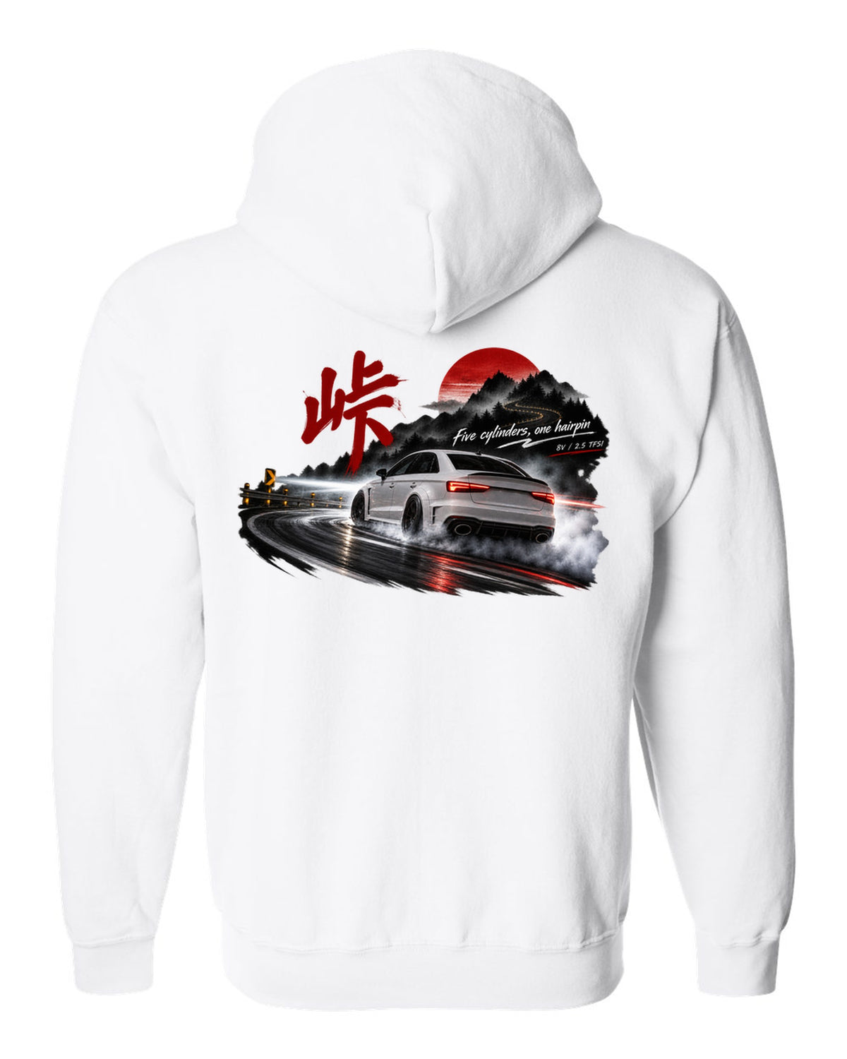 Audi RS3 8V sedan rear three-quarter sliding at night with touge kanji white zip hoodie back view with the design