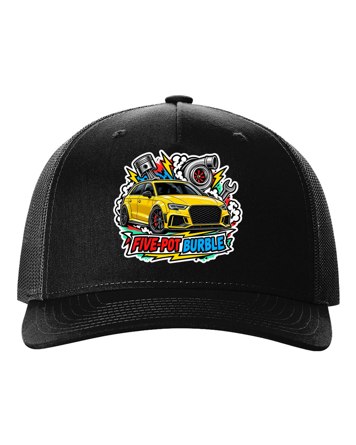 Sticker bomb collage print of an Audi RS3 8V with five-pot burble text black hat front view with the design