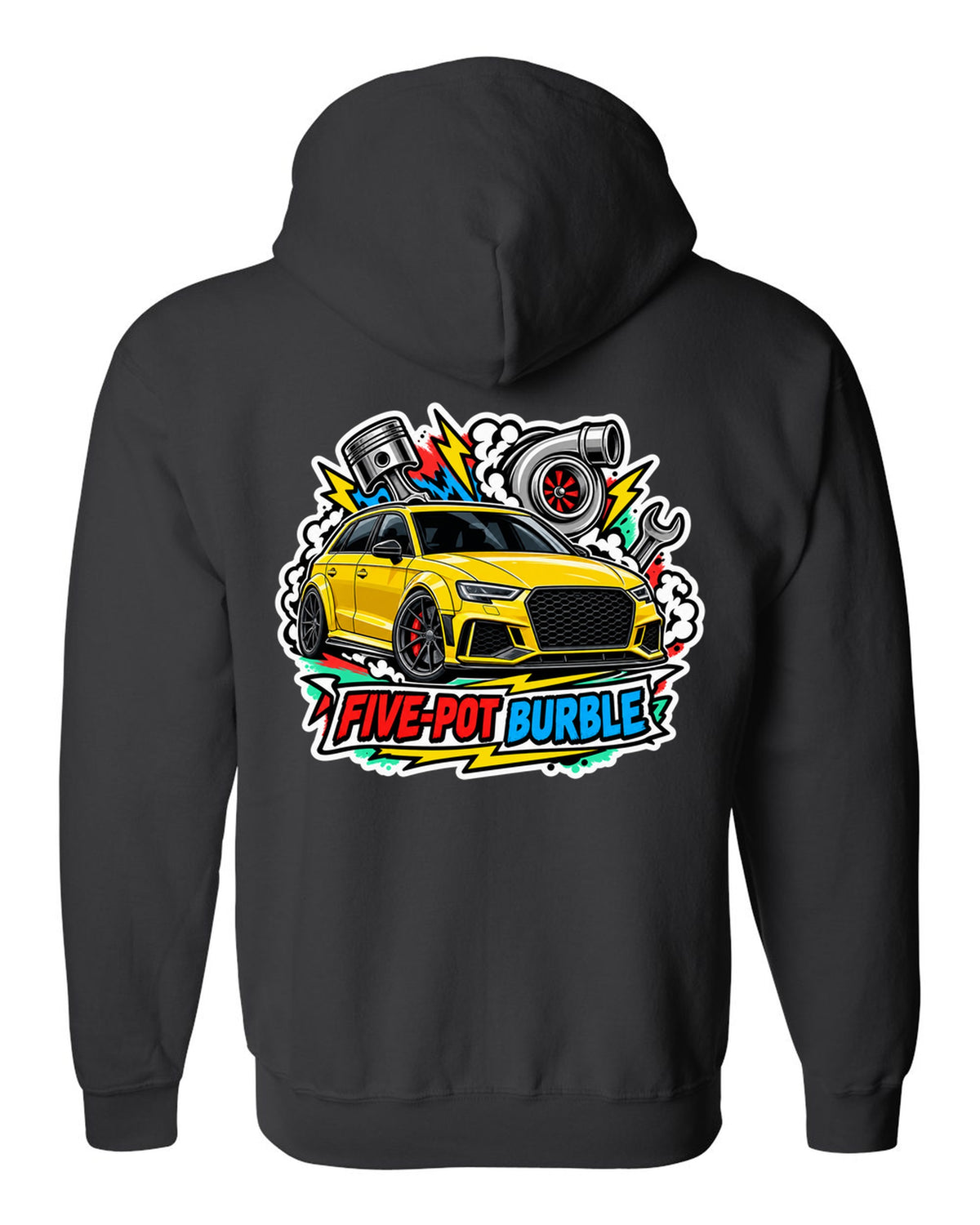 Sticker bomb collage print of an Audi RS3 8V with five-pot burble text black zip hoodie back view with the design