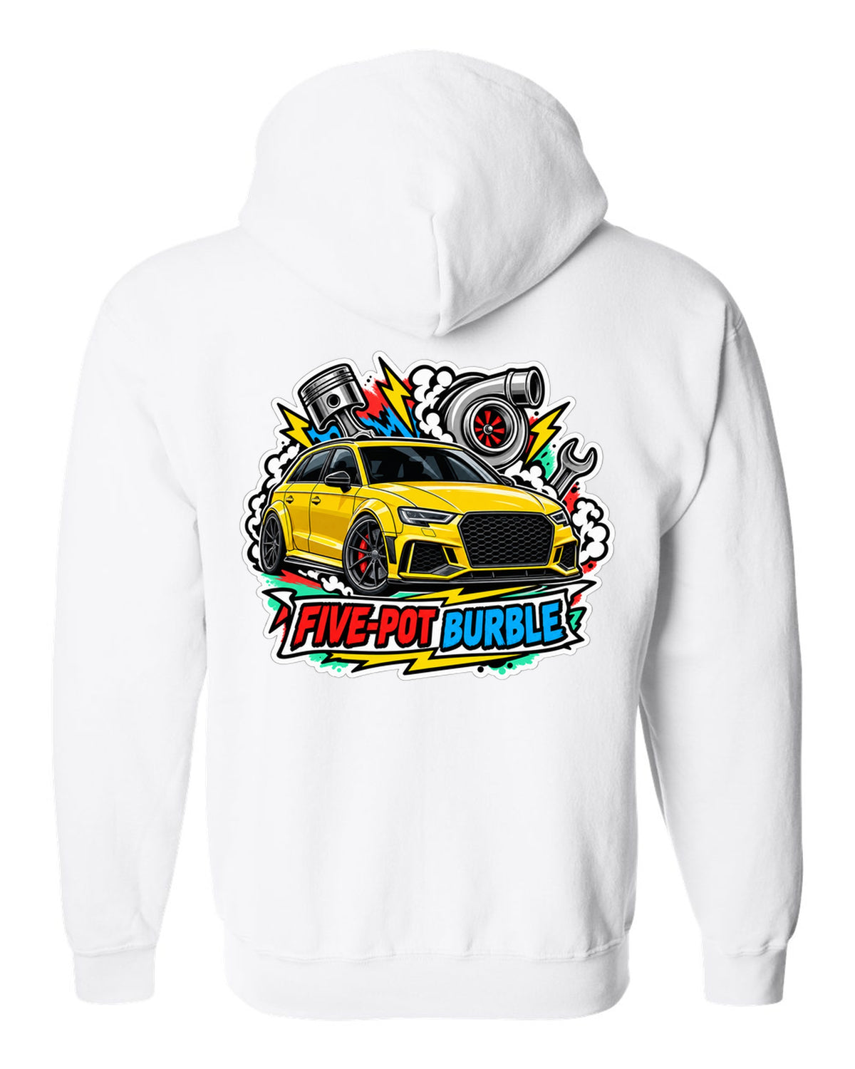 Sticker bomb collage print of an Audi RS3 8V with five-pot burble text white zip hoodie back view with the design